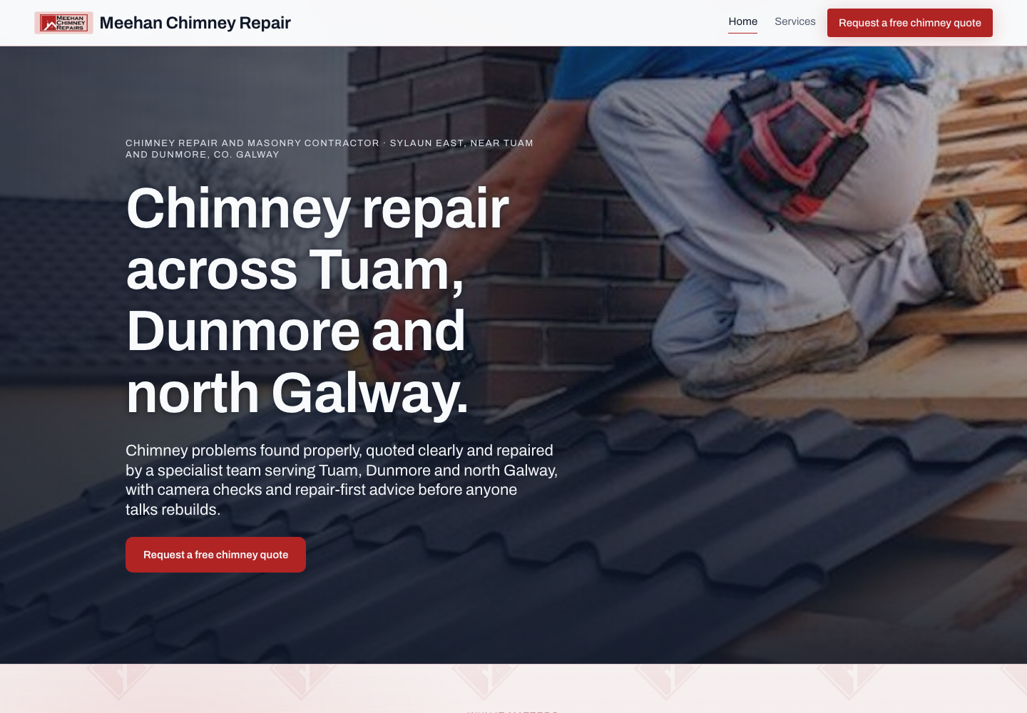 Desktop capture of the Meehan Chimney Repair trade demonstration showing the roofline repair hero.