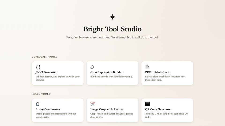 The Bright Tool Studio home page, listing browser-based utilities by category.