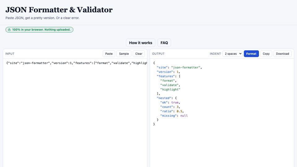 The JSON Formatter tool with an input pane and a formatted output pane.