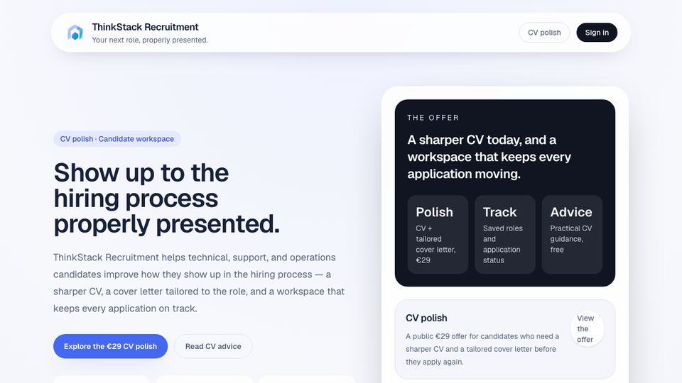 The ThinkStack Recruitment home page showing the CV polish offer and candidate workspace.